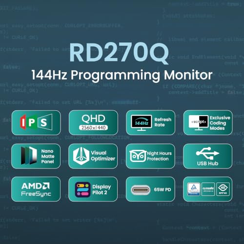 Image of BenQ RD270Q 27 inch (68.58 cm) 2K 144Hz IPS QHD 2560x1440 Programming Monitor,Coding Hotkey,USB-C(65W PD),HDMI & DP,Coding Modes,Height /Tilt /Pivot Adjustable,HDR10,99% sRGB, 2Wx2 Speakers, AMD FreeSync