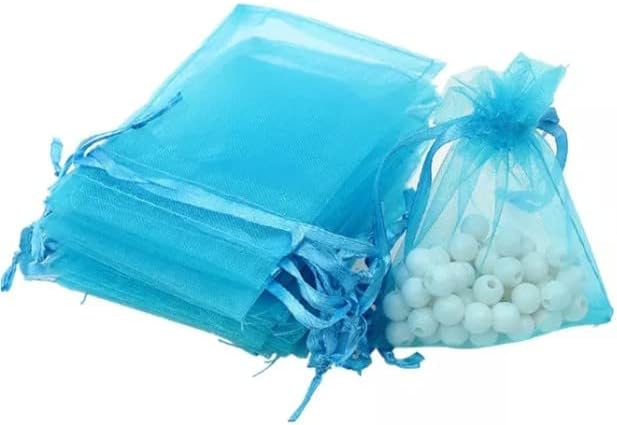 Sheer Organza Wedding Favor Bags with Drawstring, Premium Jewelry Pouches (LAKE BLUE, Pack of 100,5x3.6,9x12cm)