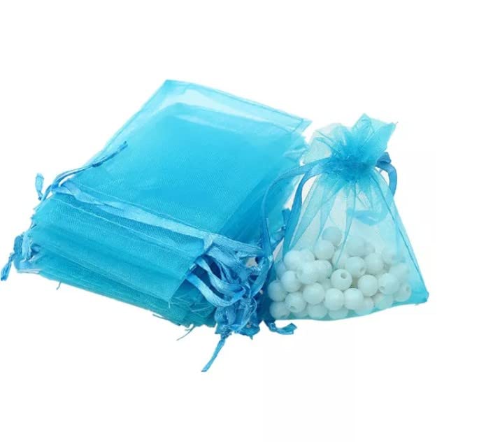 Sheer Organza Wedding Favor Bags with Drawstring, Premium Jewelry Pouches (LAKE BLUE, Pack of 100,5x3.6,9x12cm)