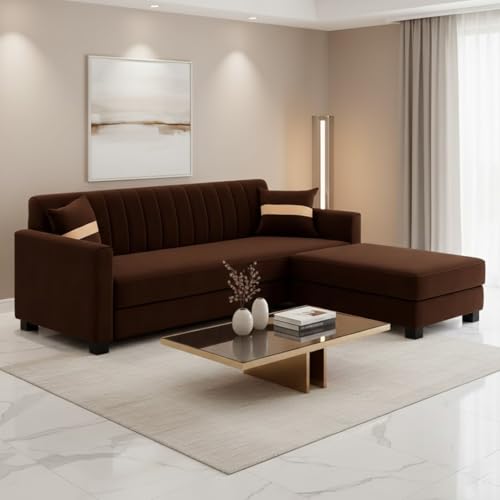 Image of FURNY Karelon 3 Seater Fabric Modular Sofa Set with Ottoman (Brown) | Premium Velvet Finish | Durable Comfort | Ideal for Living Room