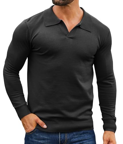 Mens Knit Polo Shirts Casual V Neck Slim Fit Polo Shirts Long Sleeve Wool Knit Pullover Sweater