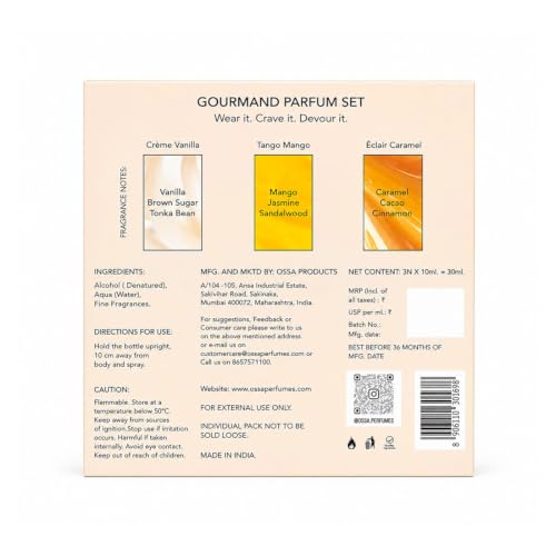 Image of OSSA Gourmand Parfum Miniature Set for Men & Women, 30ML (3 x 10ML) | Vanilla, Mango & Caramel Fragrances | Long Lasting Unisex Perfume Gift Set | Premium Travel Size Parfum Collection