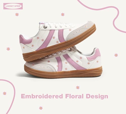 LUCKY STEP Women Classic Retro Tennis Sneakers Fashion Gum Sole Skate Casual Walking Shoe Anti Slip Floral Embroidery Comfortable Trainers2