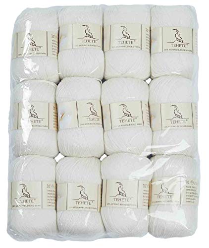 TEHETE Merino Wool 12X50g 3-Ply Soft Hand Knitting Crochet Yarn for Sweaters, Scarf, Leggings, Gloves, Socks (12 Balls, White)