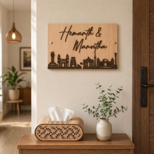 Image of Personalized Wooden Name Plate 12x7 Inch Custom Couple Name Board for Home Door Decorative Wall Name Sign with Golden Acrylic Letters Modern Entrance Name Plate