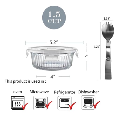 Image of H.JSS WDJS 1.5 cup Round Glass Food Containers with Lids and Spoon, 12oz Small Glass Lunch Storage Containers, Small Round Meal Prep Bowls for Office, Outdoor. Microwave, Freezer, Dishwashe safe