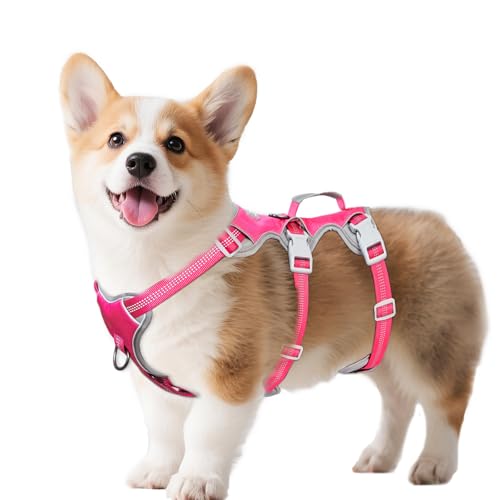 Image of Huntboo Escape Proof Dog Harness, Escape Artist Harness, Reflective Harness with Padded Handle, Breathable, Durable, Adjustable Vest for Medium Dogs Walking, Training, and Running Gear（Rose red, S