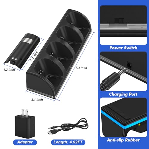 Remote Controller Charger for Wii/Wii U With 4 Pack 2800mAh Rechargeable Battery Pack, 4 Port Charging Station for Controller, Remotes Not Included