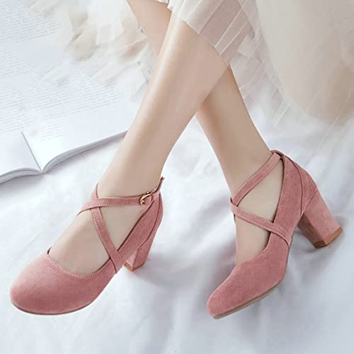 Trendenzy Womens Cross Strap Chunky Heel Round Toe Mary Jane Pumps4