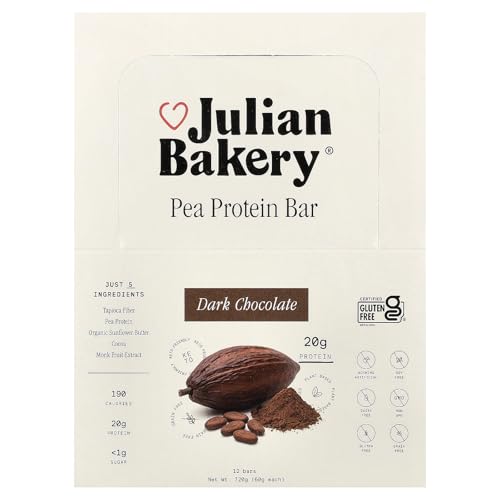 Julian Bakery Pea Protein Bar, Dark Chocolate, 12 Bars, 2.1 oz (60 g) Each