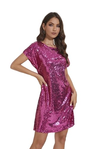 Image of Women's Crewneck Sequin Shift Dress Short Sleeve Casual Holiday Sparkly Party Dress