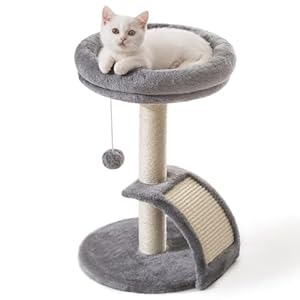Small Cat Tree Tower with Scratching Post, Modern Kitten Tower for Indoor Cats, Short Carpet Sisal Cat Scratcher Stand with Large Bed Perch, Scratch Ramp, Toy Ball for Kitty Play (Grey)
