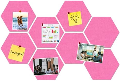 Large Hexagon Felt Cork Board Tiles, Self Adhesive DIY Felt Bulletin Board Pin Board with 35 Pushpins for Office School Home Wall Decor Stickers Memos Photos Display(Pink)