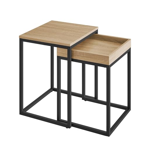 NMK HOME Lot de 2 Tables Basses carrées – Chêne Sonoma Noir – Design Industriel – Gain de Place – Tables Basses gigognes – Salon Chambre Bureau
