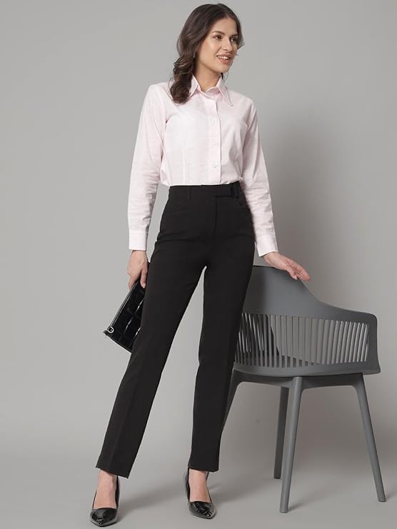 Image of Powersutra Mid Waist Stretch Pants for Women | Work Casual Office Wear Dress | Slim Fit | Solid