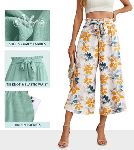 Image of IWOLLENCE Women Flowy Loose Wide Leg Pant Summer Beach Casual Trousers high Waist Adjustable Knot Business Work Casual Pants
