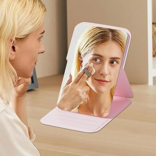 Image of Foldable Travel Mirror, Portable Pocket Makeup Mirror with Stand, Compact Handheld Vanity Mirror for Purse, Desk & Travel Use (7x11cm) (Pink)