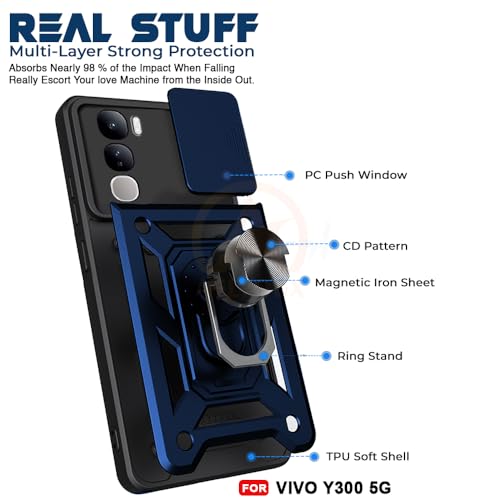 Image of Armor Bumper Back Cover Case for Vivo Y300 5G | Rotating Camera Cover, Ring Holder & Kickstand | Heavy Duty & 360 Degree Protection Vivo Y300 5G Back Cover (Blue)