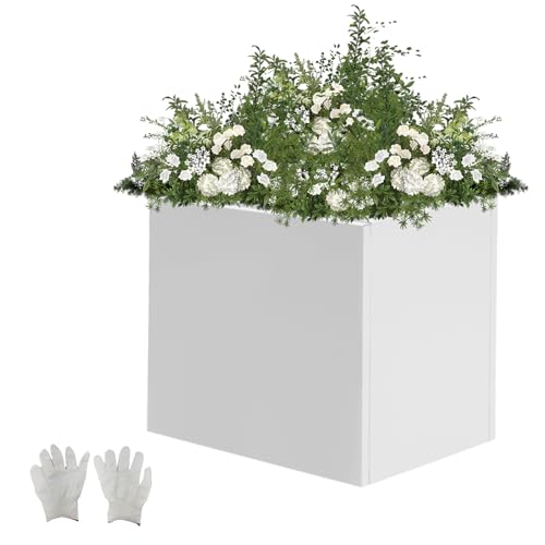 RUETERY Macetero cuadrado de acero grande para exteriores, con 1 par de guantes, maceta alta para jardines, entradas, terrazas, patios, comerciales, 50 x 50 x 50 cm, color blanco