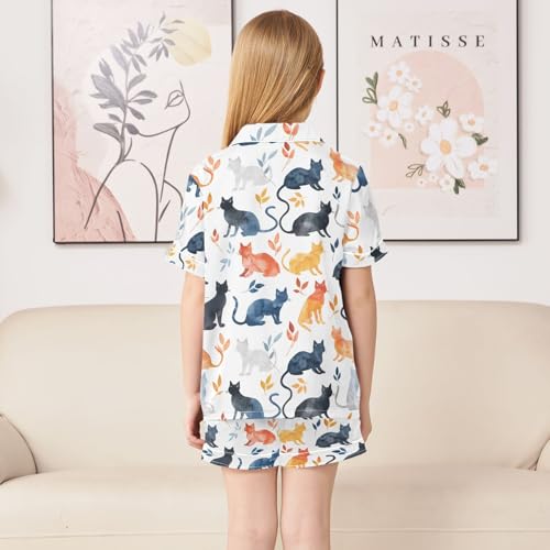 ALAZA Cat Kitten Watercolor Satin Pajamas Set Short Sleeve Button Down Sleepwear Summer Pjs 2 Piece4
