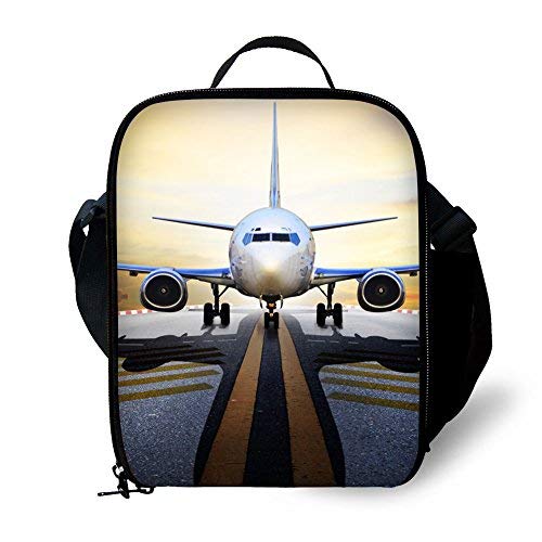 ANYFOCUS 3D Airplane Print Kids Lunch Bag Durable Insulated Lunchbox Small Black Lunch Box for Children Boys Girls Customized Cooler Bag with Adjustable Shoulder Strap