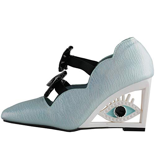 SHOW STORY Vintage Blue Bows Square-Toe Wedge Eye Shape High Heels Pumps,LF108052