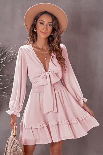 Image of Dokotoo Womens Casual Spring Fall 2025 Deep V Neck Knotted Tiered Chiffon Elegant Mini Short Swing Skater Dresses