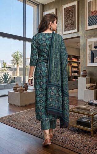 Image of Women Printed Cotton Kurta Pant Set with Dupatta | Straight Kurta Set for Women | Ethnic Wear Suit Set | 3 /4 Sleeve | Teal Green