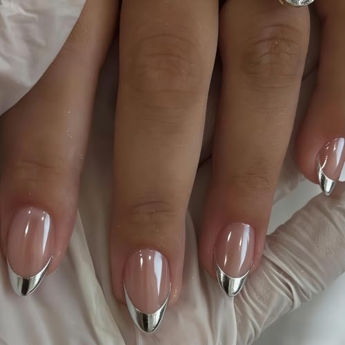 JOYVVEW Chrome Silver French Tip Press on Nails Short Square Glazed Gel Fake Nails Press ons Reusable Sparkle Glue On Nails Design French Tip Nail for Women in 15 Sizes 30 Pcs