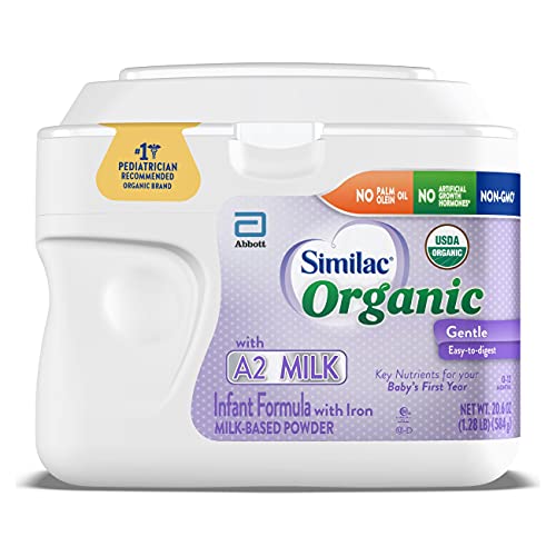 SimilacÂ® Organic with A2 Milk* Infant Formula, Certified USDA Organic, Easy to Digest, No Artificial Growth Hormones, Non-GMO, No Palm Olein Oil, Baby Formula, Powder, 20.6-oz Tub