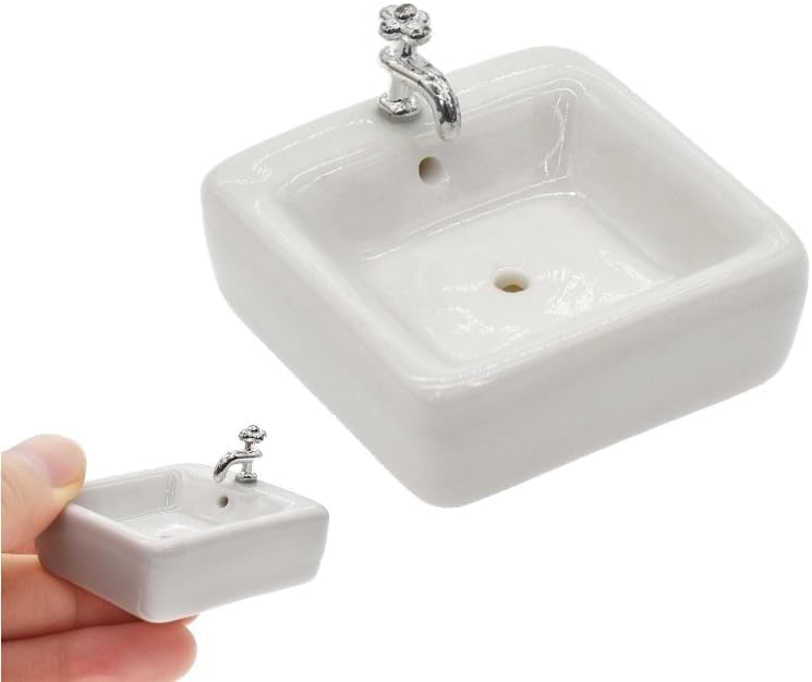 1:12 Scale Ceramic Sink with Removable Faucet - Miniature Dollhouse Bathroom and Kitchen Accessories for Victorian Style Decor, Realistic Doll House Furniture (Durable Resin Basin Set)
