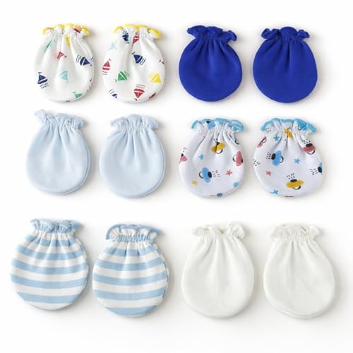 Image of Baby Eli Cotton Newborn Mittens (Picot Wrist) Set of 6 for Baby Boys & Girls 0-6 Months | Soft and Cozy Unisex Infant Gloves | Assorted Baby Hand Gloves | Adjustable Scratch Protection