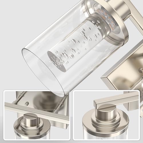 Image of DORESshop 3-Light Brushed Nickel Bathroom Light Fixtures, Crystal LED Bathroom Lights Dimmable Light with Clear Glass Shade,Vanity Lights for Living Room