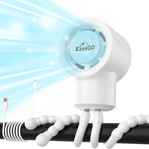 Image of EzzeGo Portable Mini Travel Stroller Fan - Battery Operated, Clip On, Small, Handheld, Rotating, Rechargeable, Personal Fan with Flexible Tripod, 3 Speeds for Baby Crib, Bed Car, Seat Treadmill