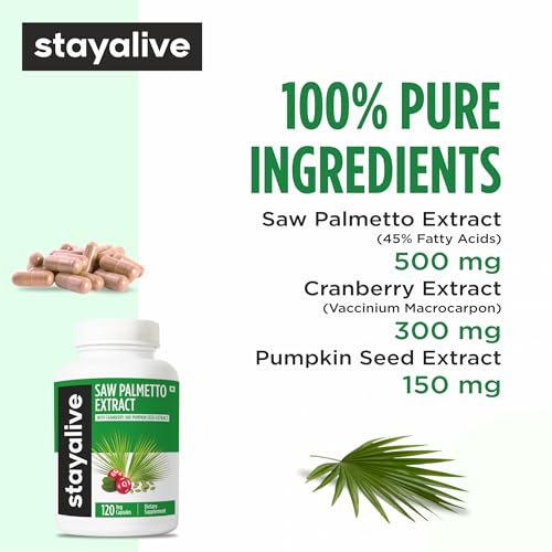 Image of STAY ALIVE Saw Palmetto Extract Capsules w /Cranberry & Pumpkin Seed Oil, 120 Vegan Pills, Extra Strength Saw Palmetto for Men and Women, Non-GMO, Gluten-Free Pumpkin Seed Supplement