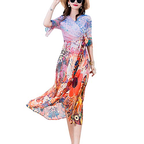 DISSA Damen Blumen Seiden Kleid Kurzarm V-Ausschnitt Blumen 100% Seiden Langes Seiden Kleid,D1986,XL