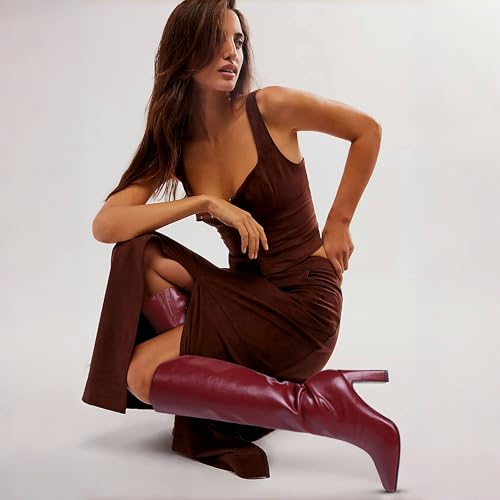 Image of Lovee Cosee Knee High Boots for Women Square Toe Chunky Heeled Boots with Side Zipper Fashion Dress Elastic Tall Boots