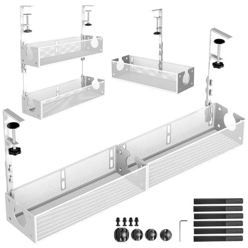 Multi-Model Under Desk Cable Management 2 Pack Metal Under Desk Wire Management Tray Clamp Mount Under Table Cord Management No Damage The Desk?White?