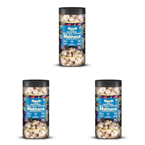 Image of Happilo Premium Makhana Himalayan Pink Salt & Pepper Jar 80g | Roasted Foxnuts, Phool Makhana | Healthy Snacks | Low Calorie & Vegan (Pack of 3)