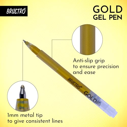 Image of BRUSTRO Gold Gel Pen|Pack of 12-1mm Metal Tip,Opaque and Viscous Ink|Ideal For Drawing,Writing,Highlighting,Doodling,Scrapbooking,Mandala Art,Illustration,Fine Art Students and Professionals
