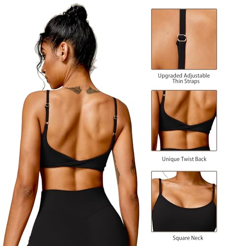 Image of QUOJIZY Sports Bras for Women Open Back Workout Tops for Women Yoga Bra Spaghetti Straps Twist Back