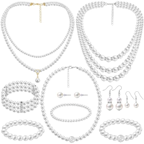 Image of Glenmal Pearl Rhinestone Jewelry Set for Women Pearl Necklace Bracelet Earrings for Wedding Halloween Bridal Shower Tea Party