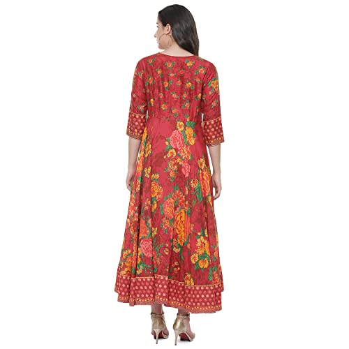 Image of BIBA Women's Fit and Flare Cotton Flared Fusion Printed Below The Knee Dress