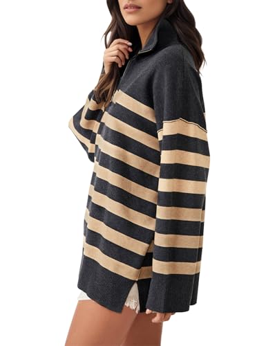 Knit Coastal Stripe Pullover for Women Oversized Fit Medium Weight Sweater with Quarter Zip Neckline 2024 Fall Winter Sweater3