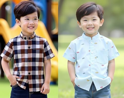 Image of Boys Short Sleeve Button Down Shirts, Plaid and Striped Pattern, Cotton Casual Tops, Pack of 2