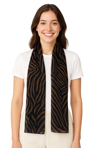 Women's Chiffon Animal Print Skinny Scarf – Lightweight Zebra Pattern Neck Scarf for Office & Casual Wear – Brown Black Fashion Accessory