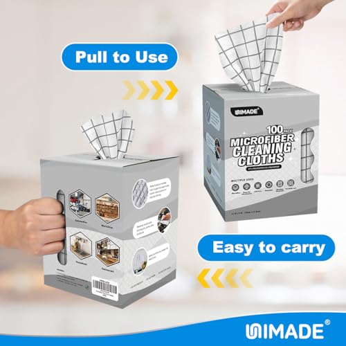 Image of UNIMADE Microfiber Cleaning Cloths, 100 Sheets Kitchen Towels & Dish Cloths | Reusable Lint-Free Absorbent Cleaning Rags, Bulk Kitchen Cleaning Cloths for Household & Restaurant, 11 inch x 9 inch, Grid Pattern
