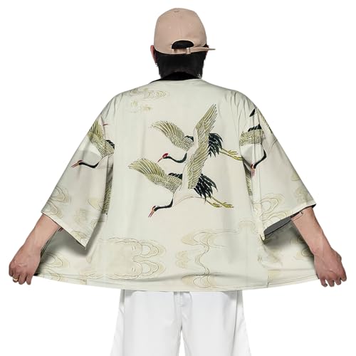 Image of DOSLAVIDA Men's Japanese Kimono Jacket Set Stylish Open Front Coat With Shorts Chinese Style Printed Cardigan Suit
