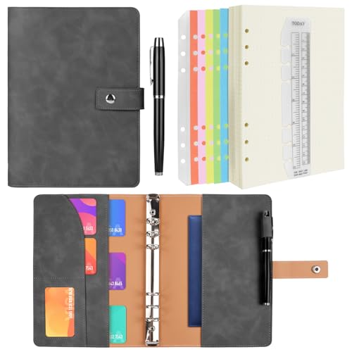 ANOMM A5 Ring Binder Notebook PU Leather Diary Refillable Notebook with A5 Dot Grid Paper & Inner Pockets & Index Divider Spiral Journal Binder for Travel Work School and Personal Organizer-Gray