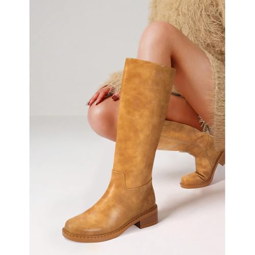 Image of Dsevht Black Knee High Boots for Women Faux Leather Elastic Low Heel Round Square Toe Side Zipper Fall Long Tall Boot